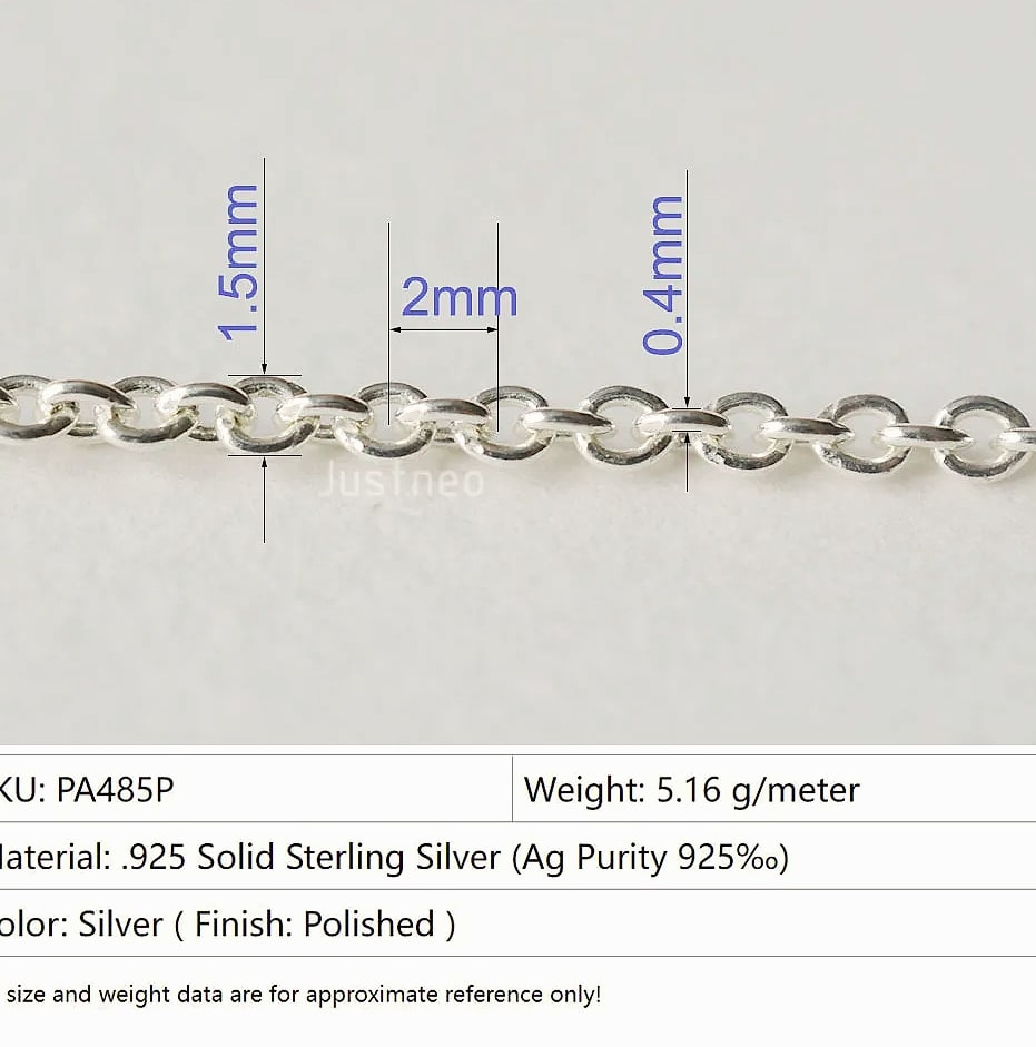 Justneo 925 Sterling Silver Oval Cable Chain 1 meter — assembled view