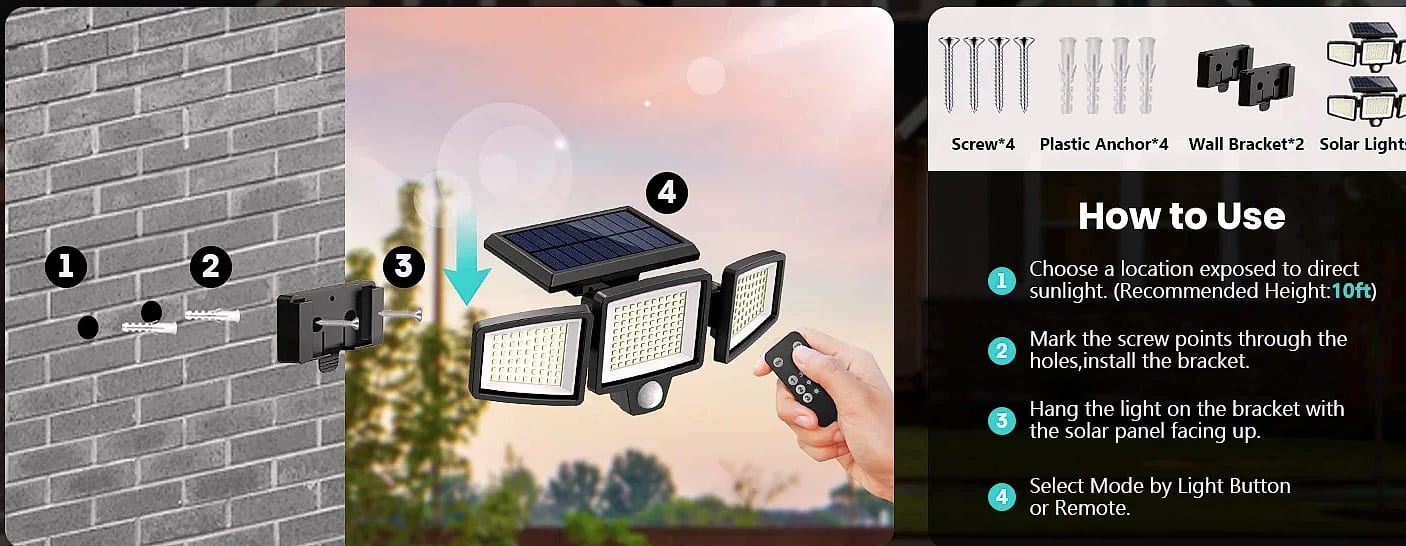 SZRSTH 3-Head Solar Motion Sensor Security Light — package contents