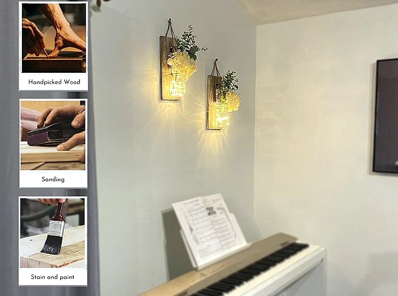 Besuerte Rustic Wooden Wall Sconce with LED String Lights, — assembled view