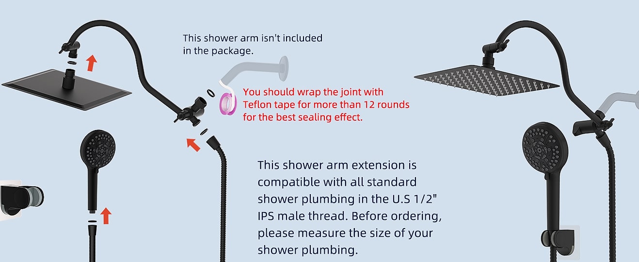 Hibbent 10 inch rainfall shower head combo with handheld — parts overview