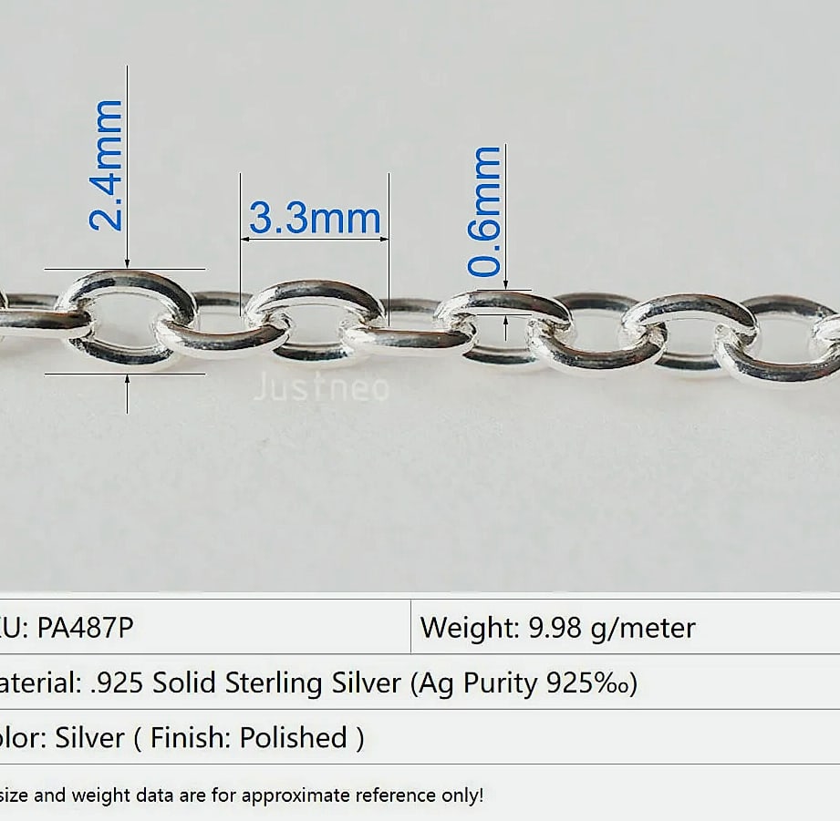 Justneo 925 Sterling Silver Oval Cable Chain 1 meter — scale reference