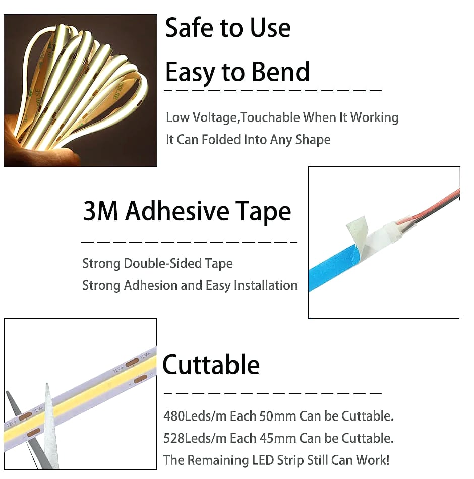 Xnbada COB LED Strip Light 480/528 LEDs/m Flexible — close-up details