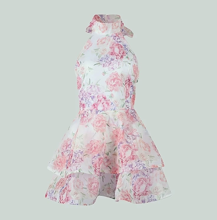 Chic Floral Printed Mini Dress Backless Sleeveless Hem — scale reference