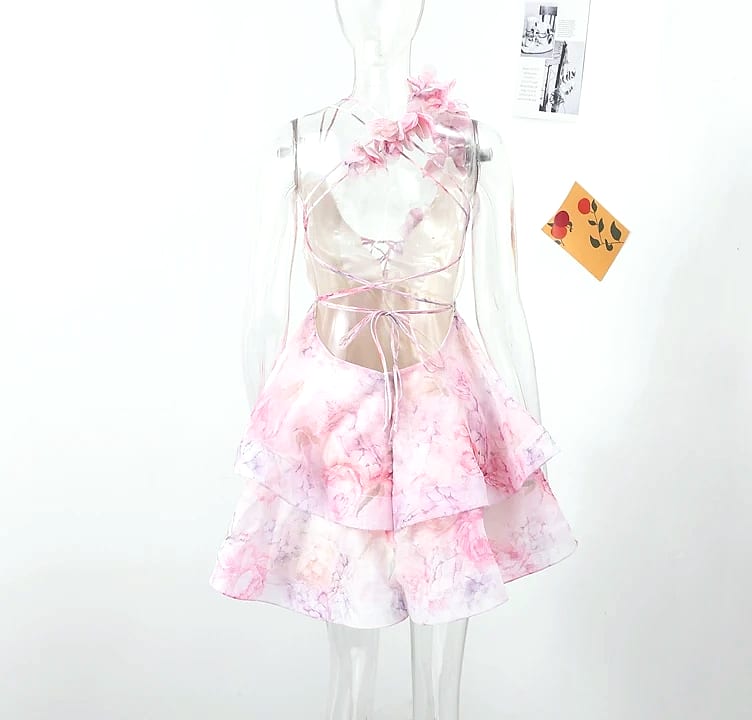 Chic Floral Printed Mini Dress Backless Sleeveless Hem — build progress