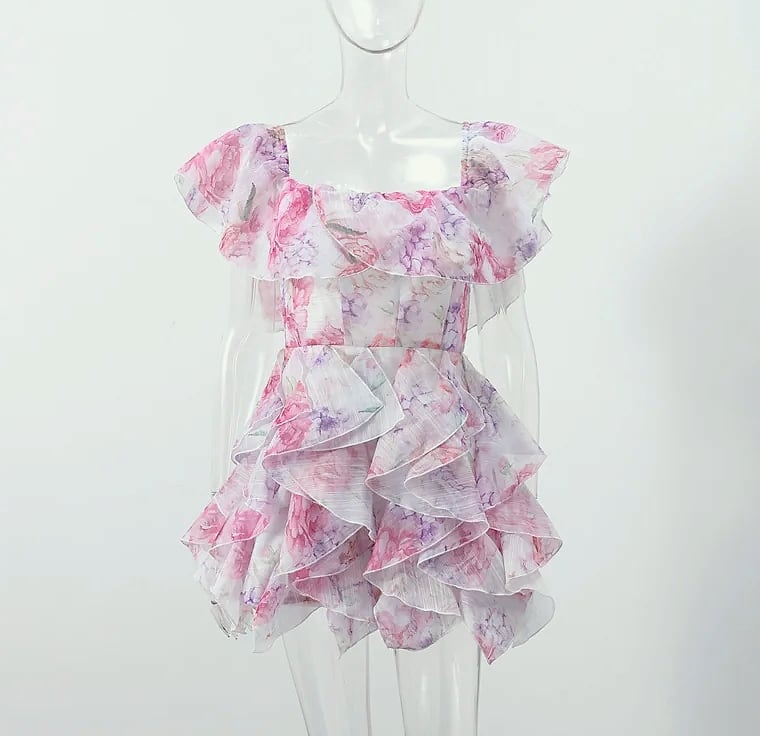 Chic Floral Printed Mini Dress Backless Sleeveless Hem — size comparison