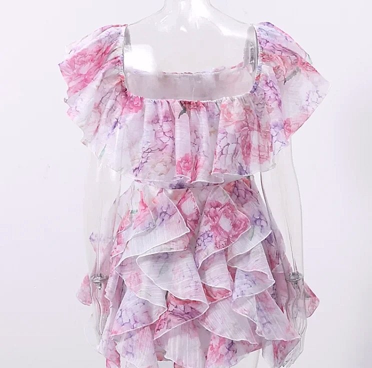Chic Floral Printed Mini Dress Backless Sleeveless Hem — assembled view