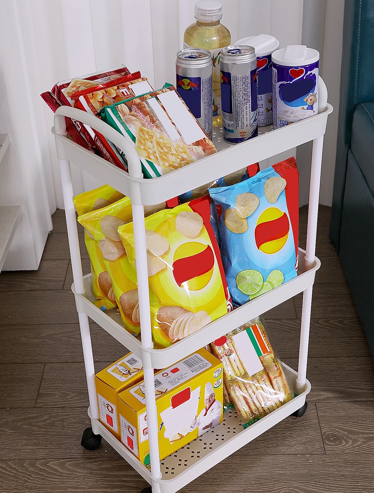 Rolling utility cart with lockable wheels and storage — feature highlights