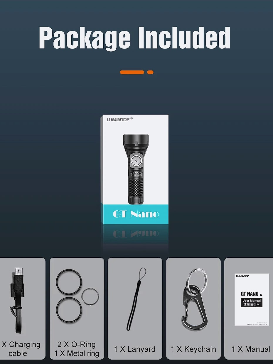 Lumintop GT Nano LED Flashlight 450m Compact Camping Light — package contents