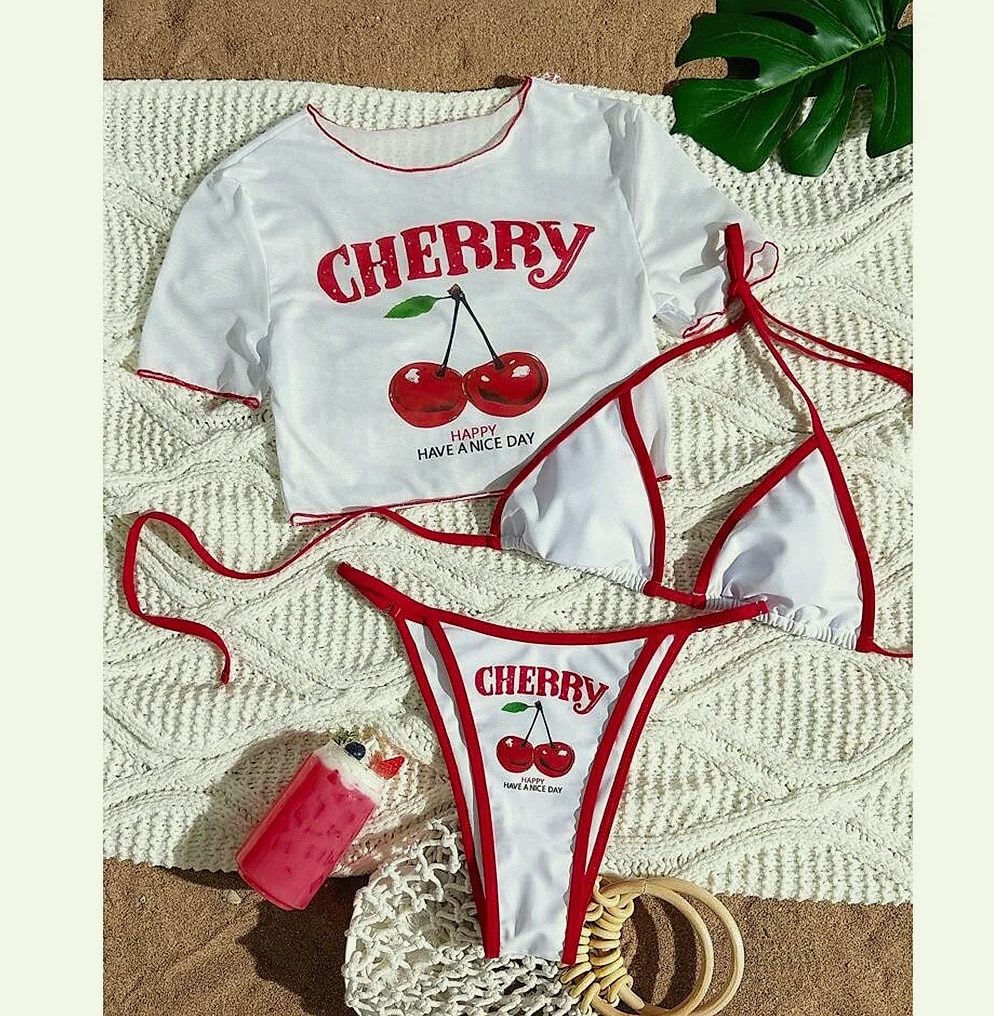 Varleinsar V6854 Cherry Print Three-Piece Bikini Set — assembled view
