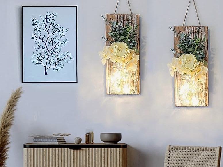 Besuerte Rustic Wooden Wall Sconce with LED String Lights, — package contents
