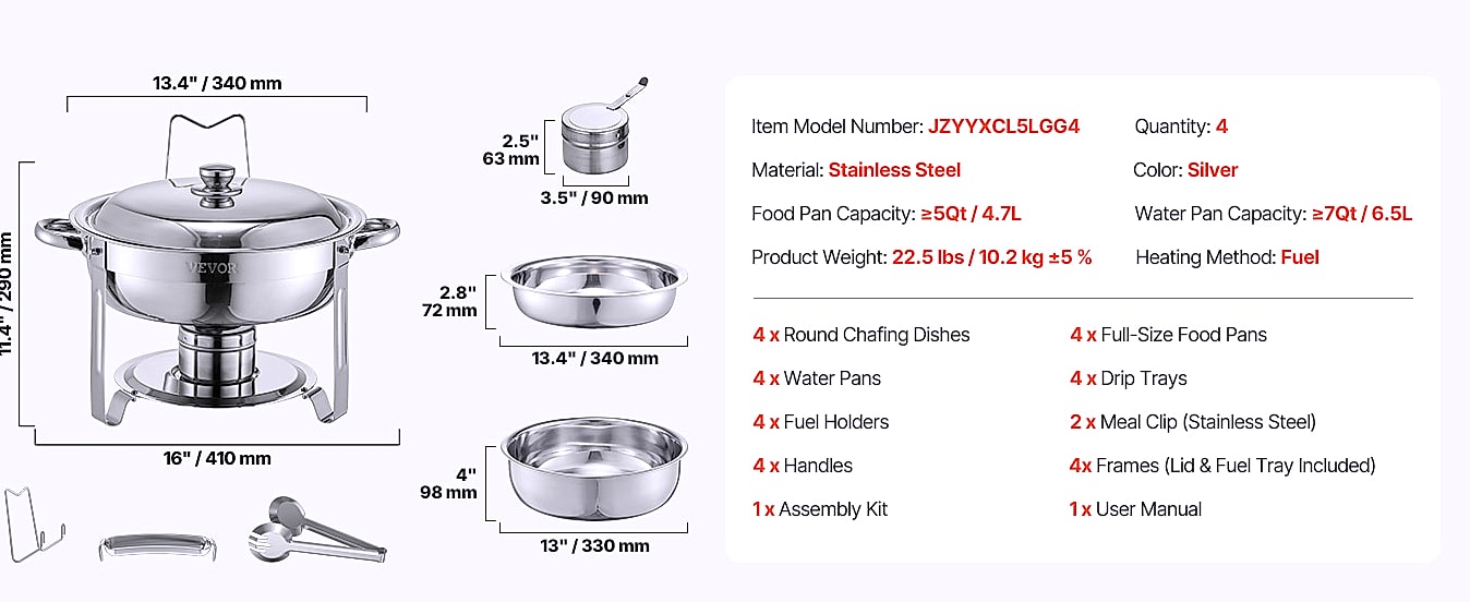 SucceBuy 4-Pack Chafing Dish Buffet Set Stainless Steel — package contents