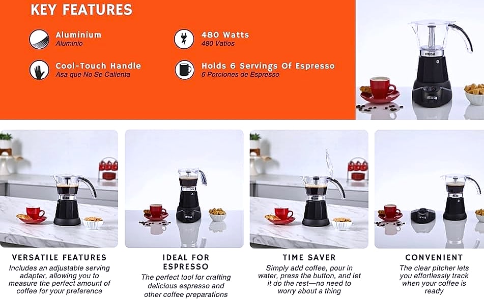 Imusa Electric Espresso Maker, 6 or 3 Cup Moka Coffee — assembled view