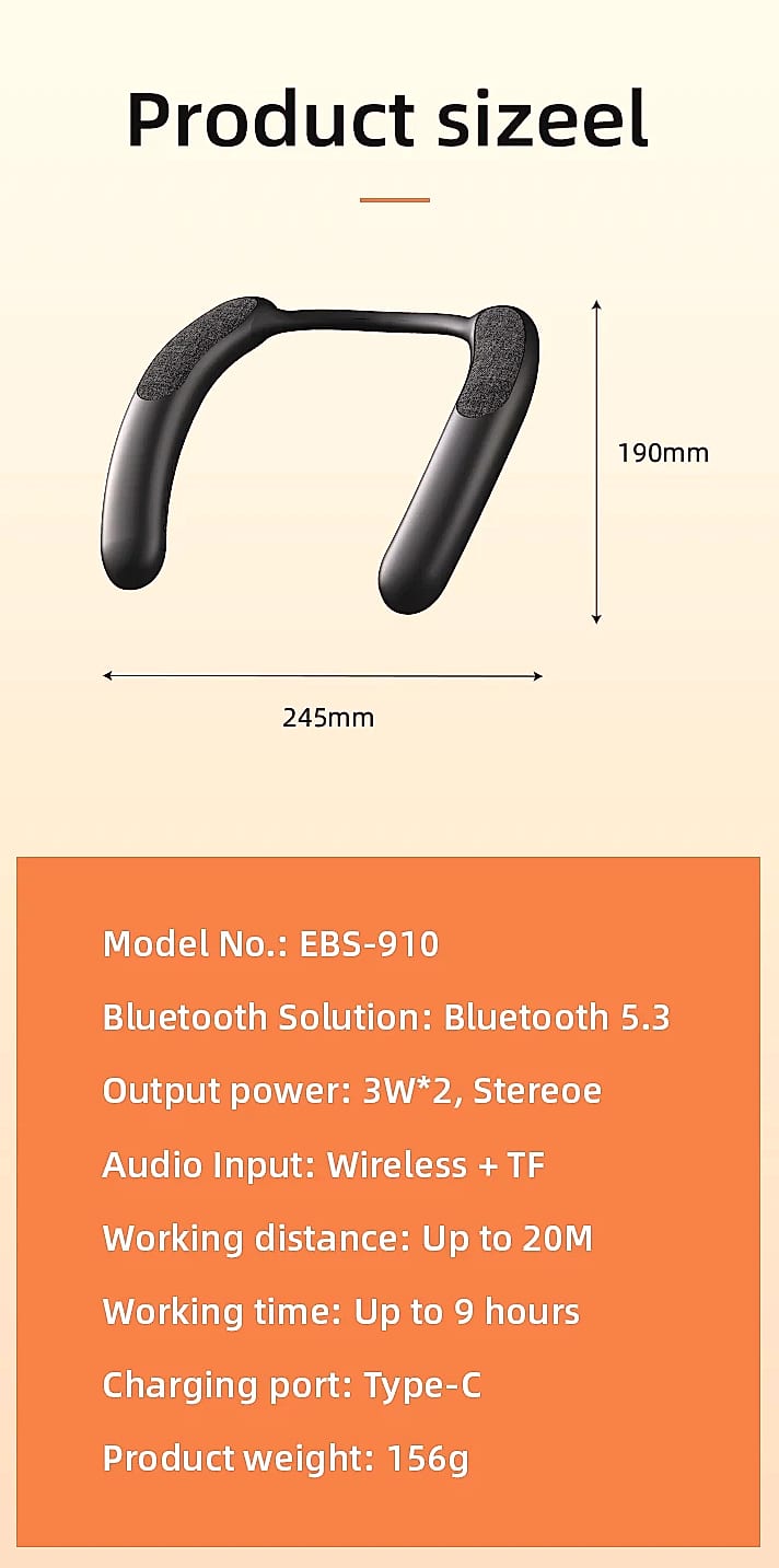 Rockmia EBS-910 Wearable Neckband Speaker Bluetooth 5.3 — assembled view