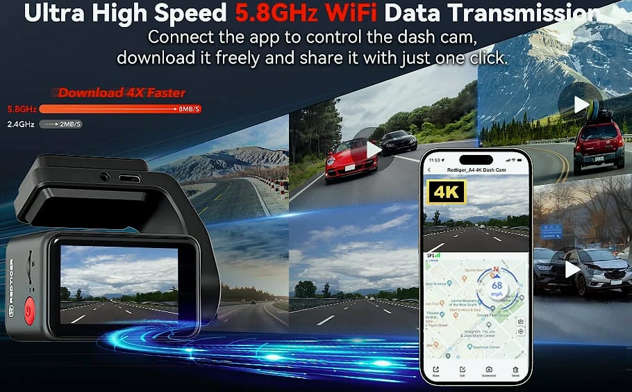 Redtiger A4 4K Dash Cam with GPS, WiFi, and Rear Camera — assembled view