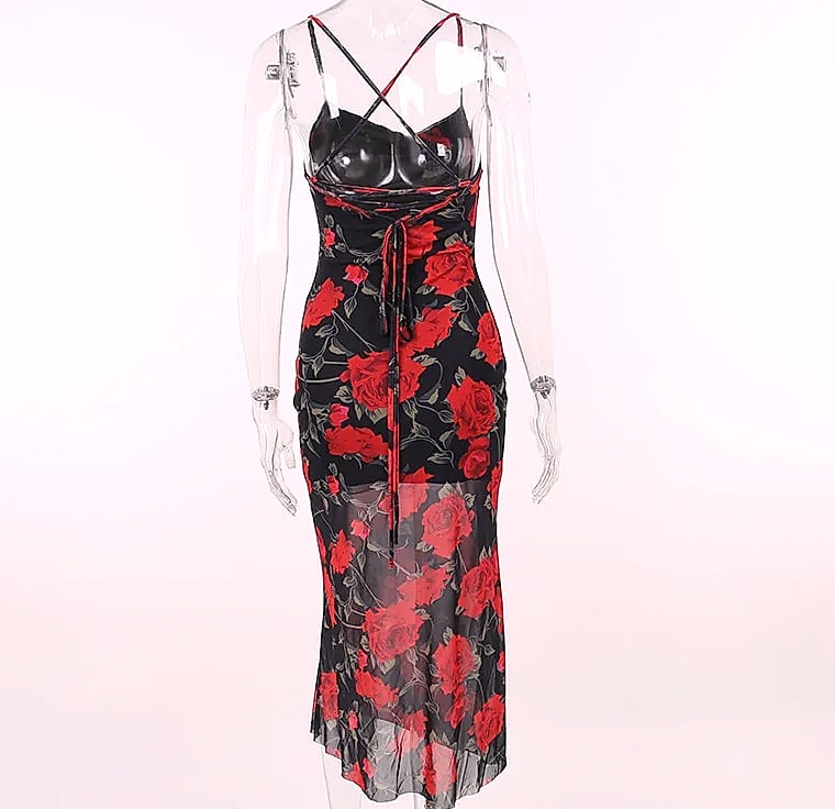 MsChuh Floral Spaghetti Strap Bodycon Maxi Dress — feature highlights