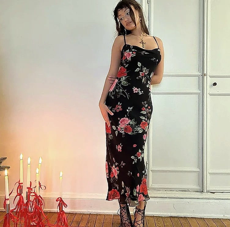 MsChuh Floral Spaghetti Strap Bodycon Maxi Dress — scale reference