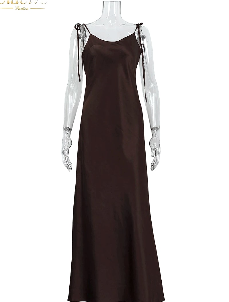 Clacive Brown Satin Floor Length Backless Dress — scale reference