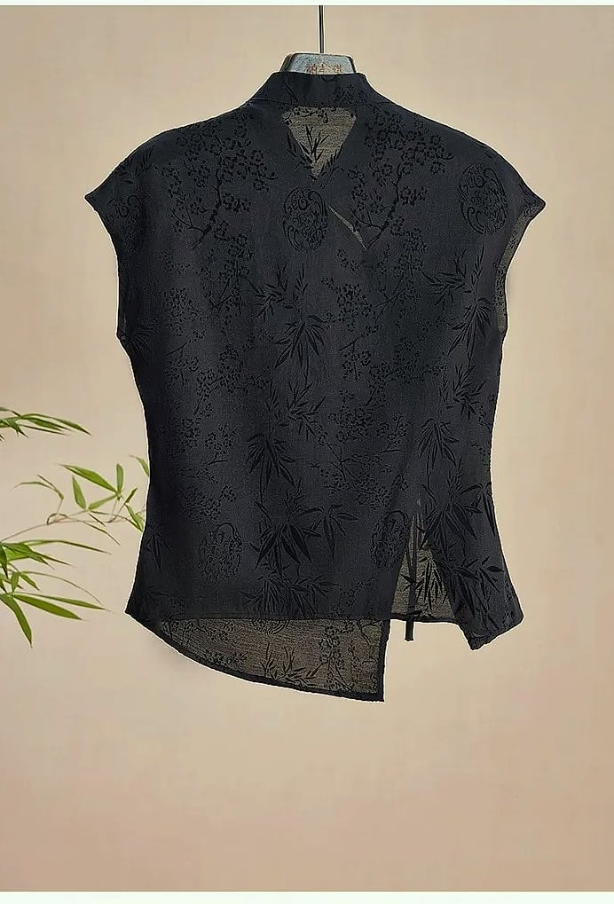 Retro Cheongsam Short Sleeve Top Black Jacquard Women's — assembled view