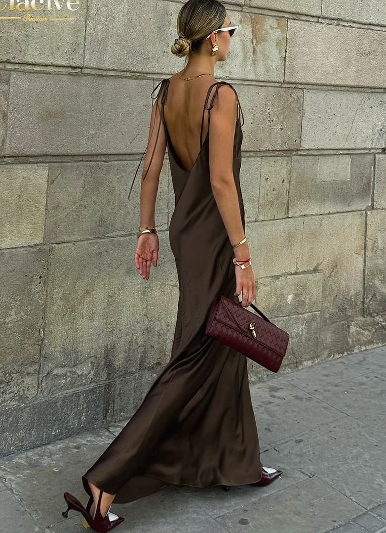 Clacive Brown Satin Floor Length Backless Dress — assembled view