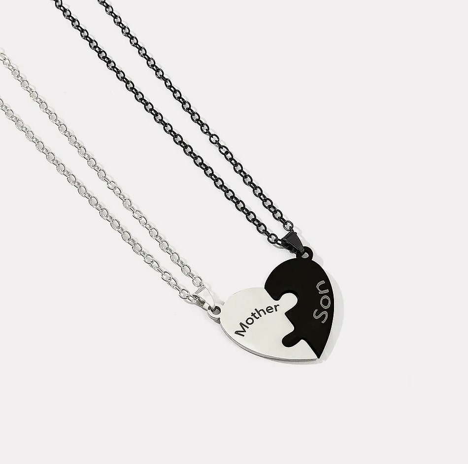 Heart Puzzle Necklace for Mom, Stainless Steel Family — close-up details