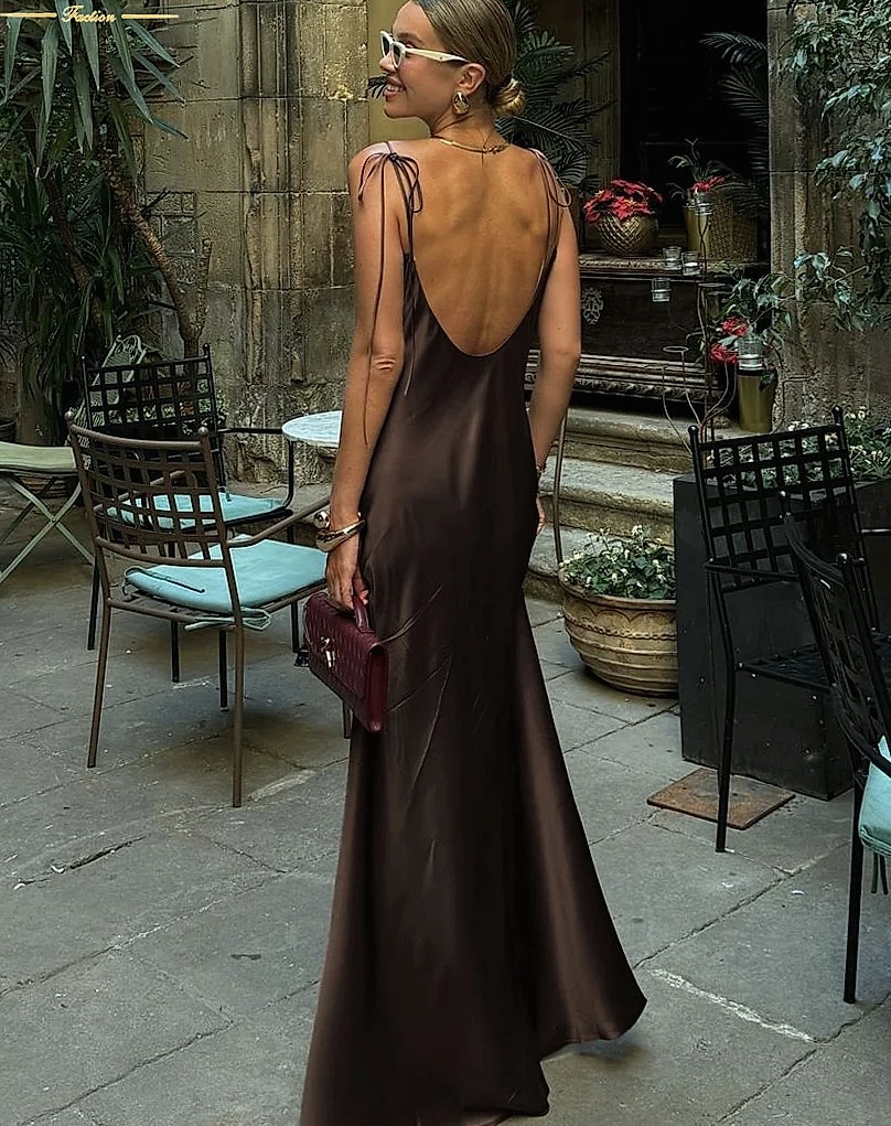 Clacive Brown Satin Floor Length Backless Dress — scale reference