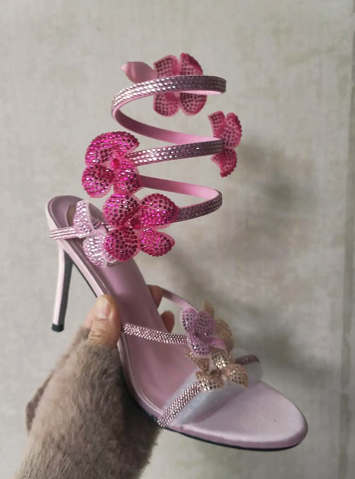 Crystal Flower Ankle Strap Sandals with Thin High Heels — feature highlights