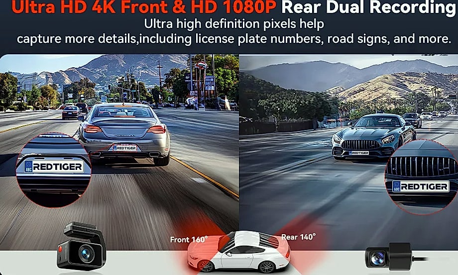 Redtiger A4 4K Dash Cam with GPS, WiFi, and Rear Camera — scale reference