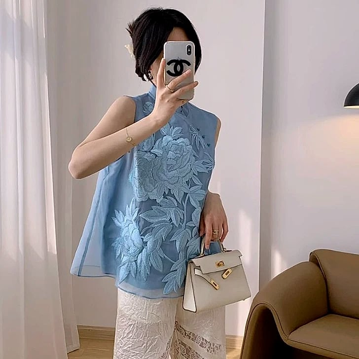 Retro Cheongsam Short Sleeve Top Black Jacquard Women's — close-up details