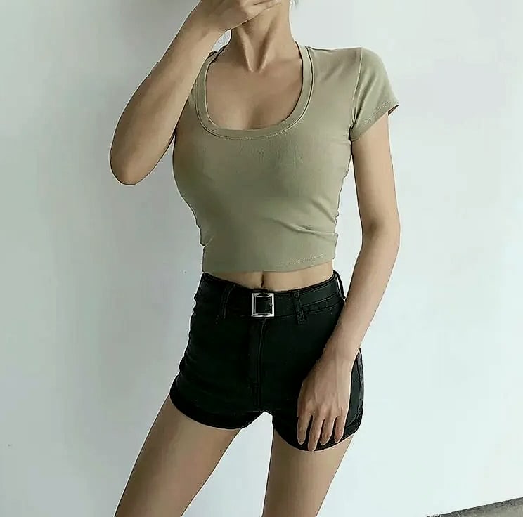 Dozw U-Neck Crop Top High Waist Women's Casual T-Shirt — size comparison