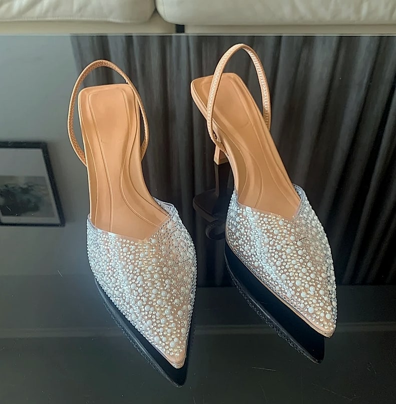 Nuolaian Pearl Slingback Pumps Women's Pointed Toe Heels — close-up details