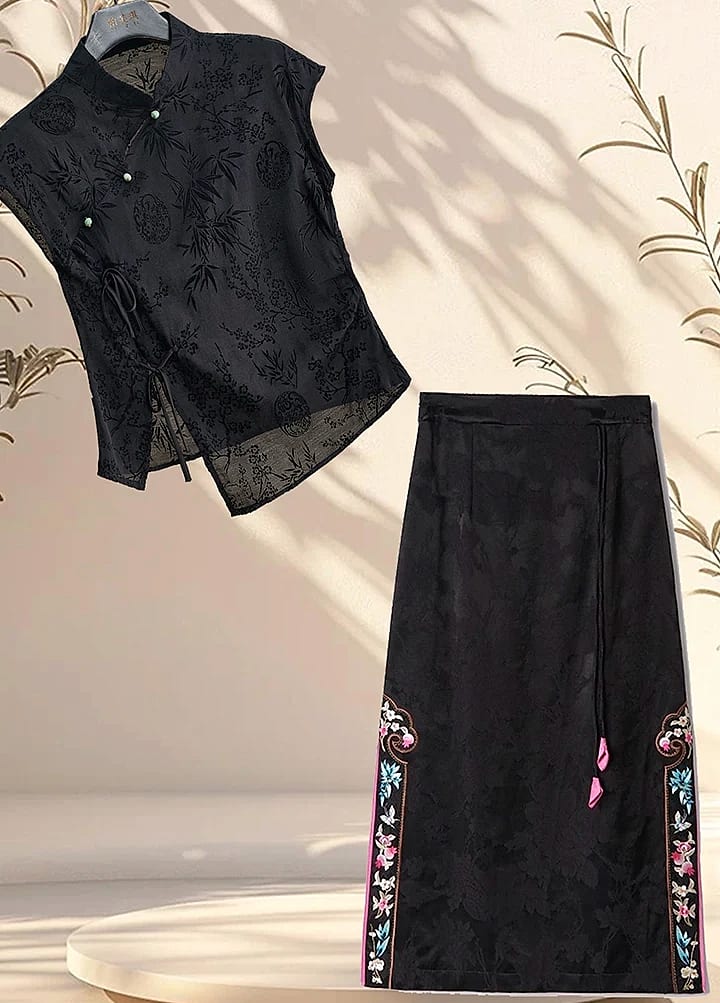 Retro Cheongsam Short Sleeve Top Black Jacquard Women's — assembled view