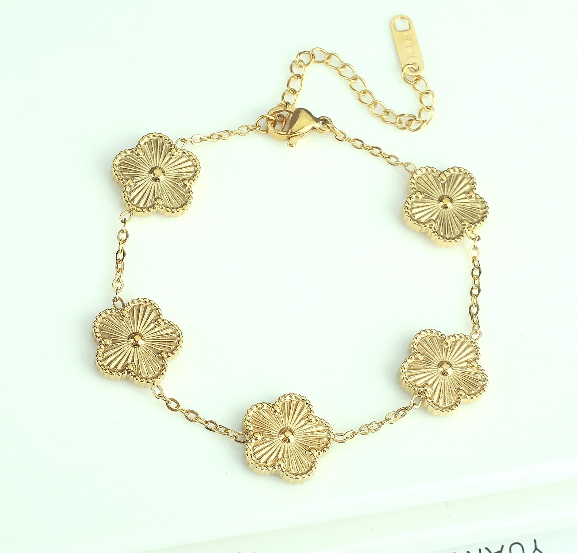 Stainless Steel Five Leaf Clover Flower Adjustable Bracelet — side view