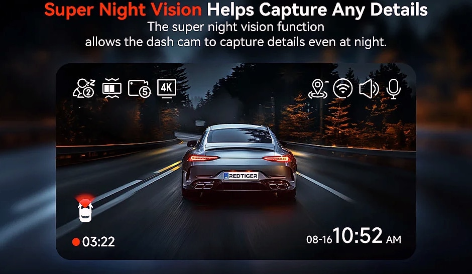 Redtiger A4 4K Dash Cam with GPS, WiFi, and Rear Camera — feature highlights