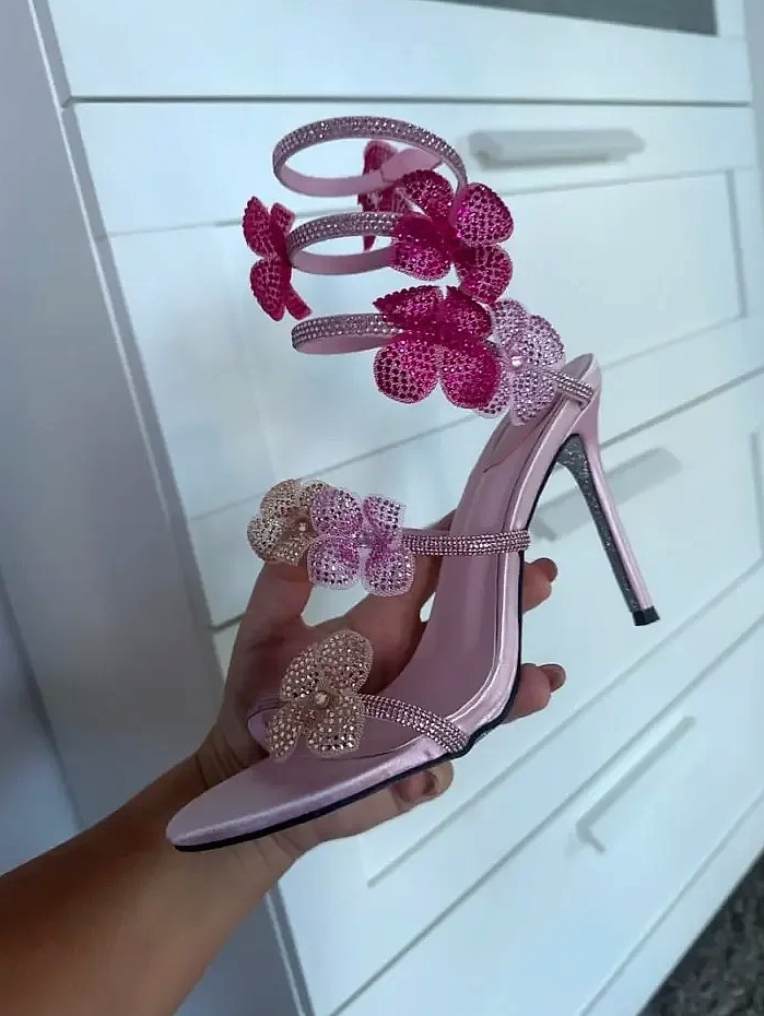 Crystal Flower Ankle Strap Sandals with Thin High Heels — side view