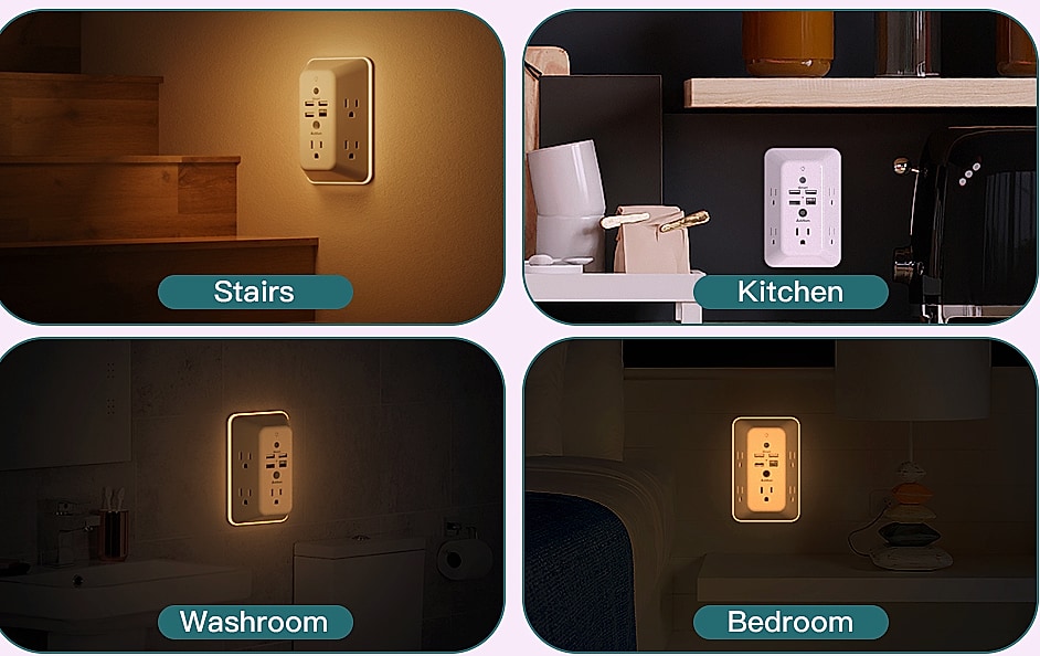 Addtam 5-Outlet Surge Protector with 4 USB Ports and Night — scale reference