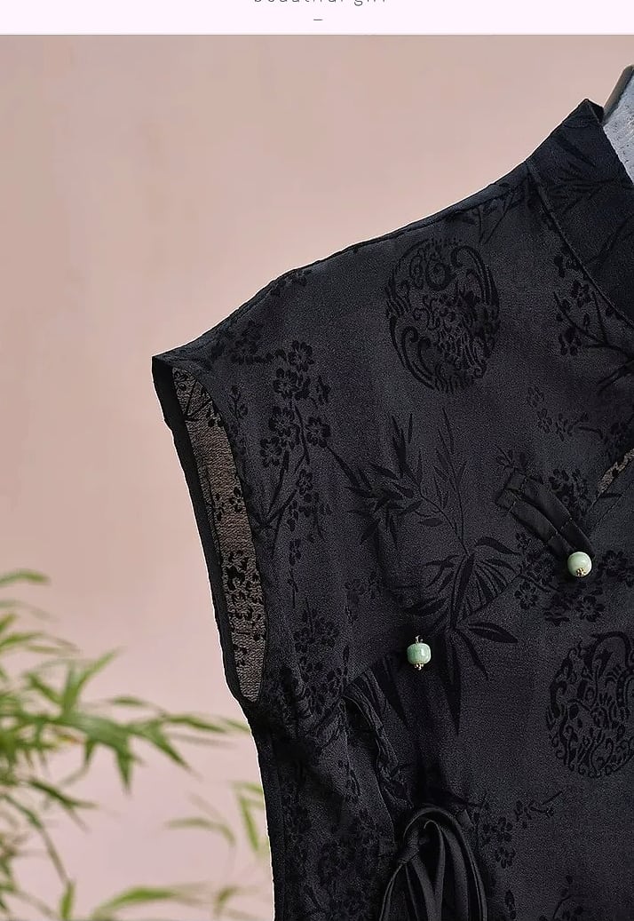 Retro Cheongsam Short Sleeve Top Black Jacquard Women's — build progress