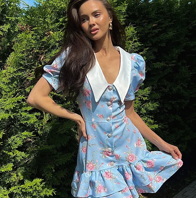 btuce Floral Printed A-line Dress with Puff Sleeves — size comparison