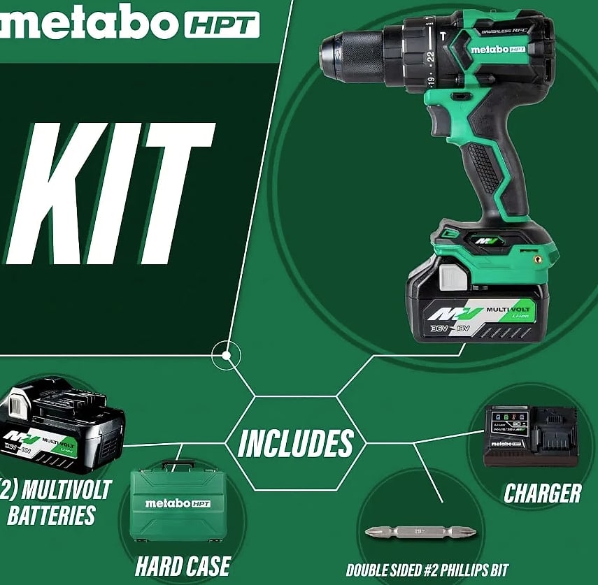 Kankeirr Metabo HPT 36V Brushless Hammer Drill Kit — assembled view