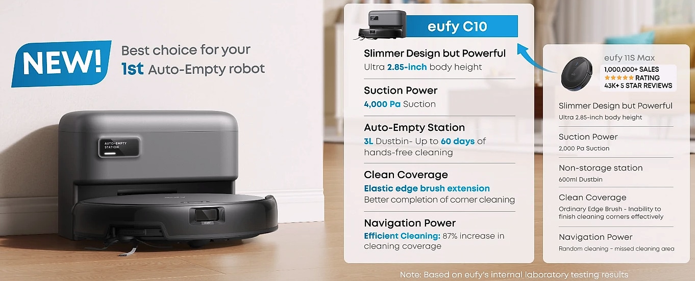 eufy C10 Robot Vacuum with Self-Emptying Station — scale reference