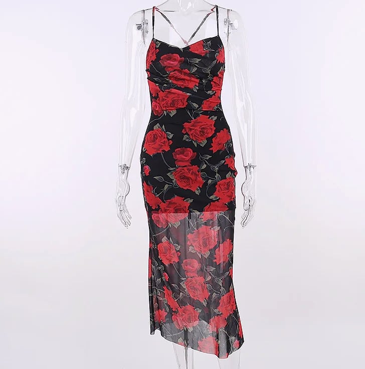MsChuh Floral Spaghetti Strap Bodycon Maxi Dress — close-up details