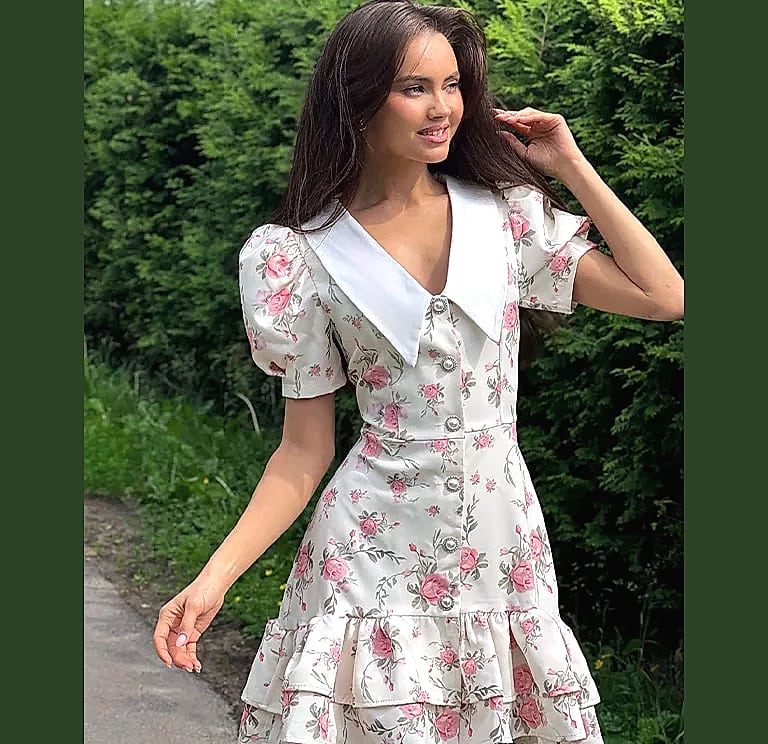btuce Floral Printed A-line Dress with Puff Sleeves — close-up details