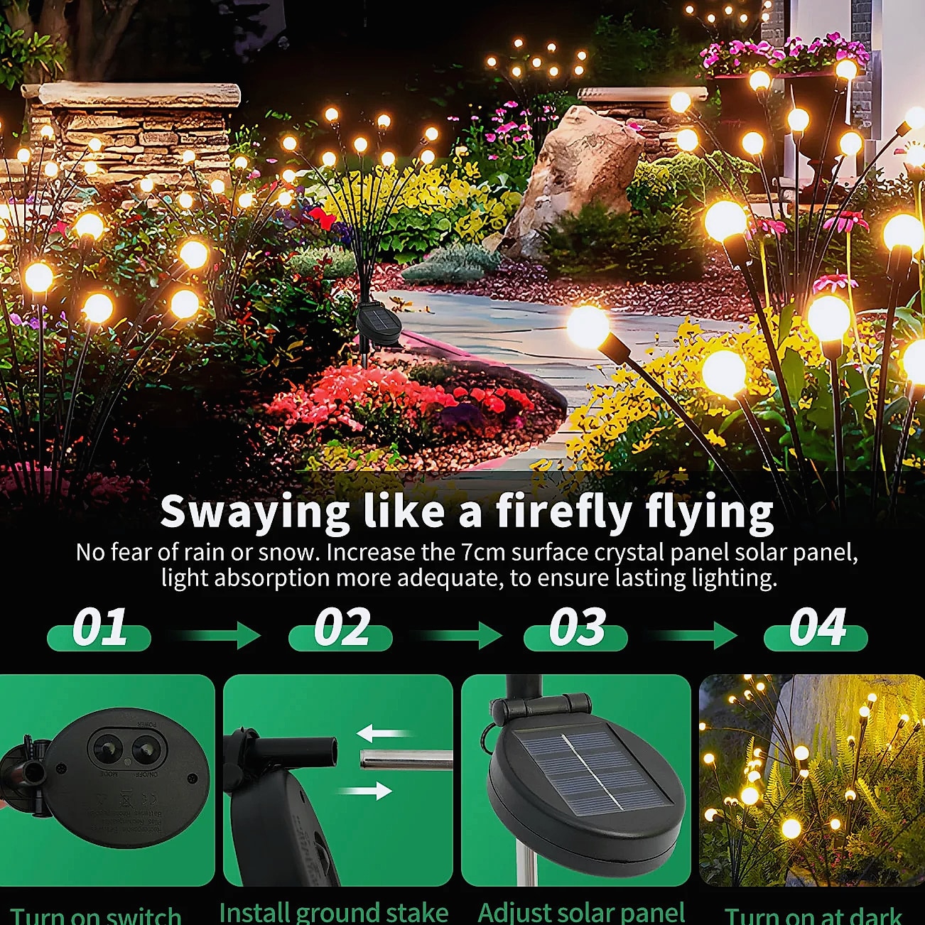 8-Head Solar Firefly Stake Lights, Outdoor Garden Decoration — close-up details