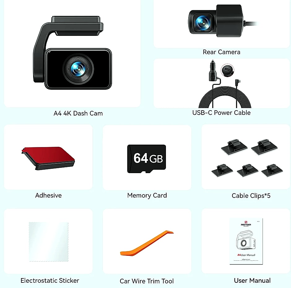 Redtiger A4 4K Dash Cam with GPS, WiFi, and Rear Camera — package contents