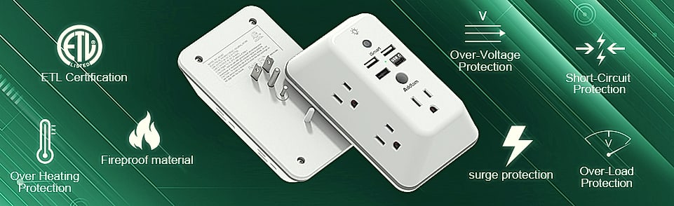 Addtam 5-Outlet Surge Protector with 4 USB Ports and Night — close-up details