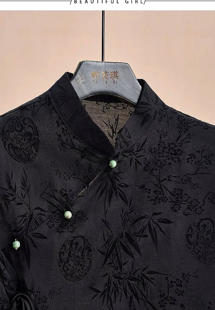 Retro Cheongsam Short Sleeve Top Black Jacquard Women's — parts overview