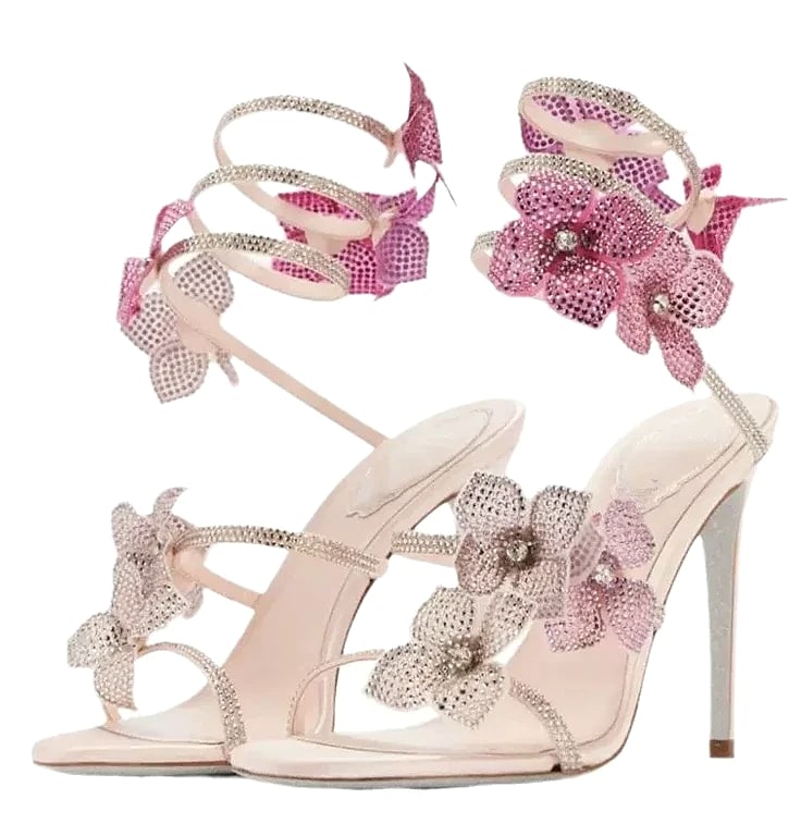 Crystal Flower Ankle Strap Sandals with Thin High Heels — assembled view