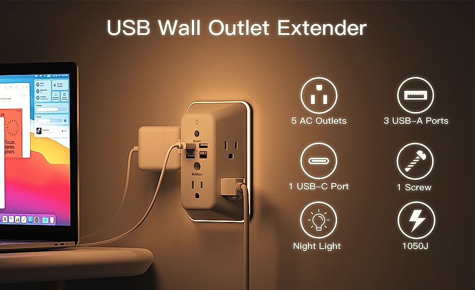Addtam 5-Outlet Surge Protector with 4 USB Ports and Night — package contents