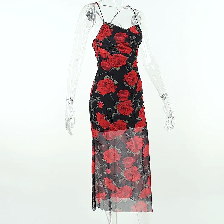 MsChuh Floral Spaghetti Strap Bodycon Maxi Dress — scale reference