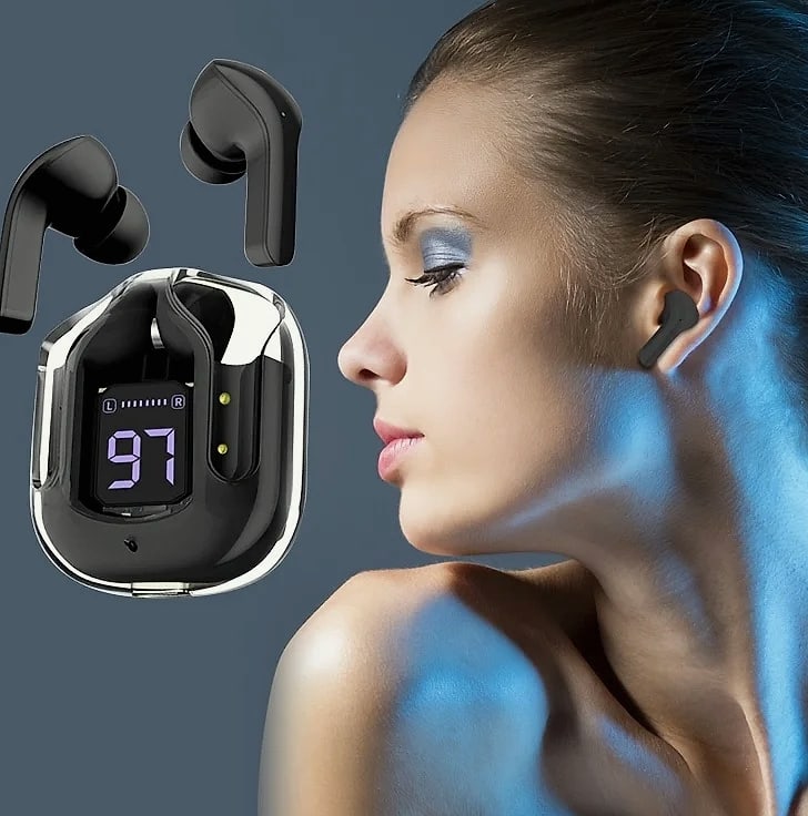 AHTOSKA Transparent Wireless Earbuds with LED Display — assembled view