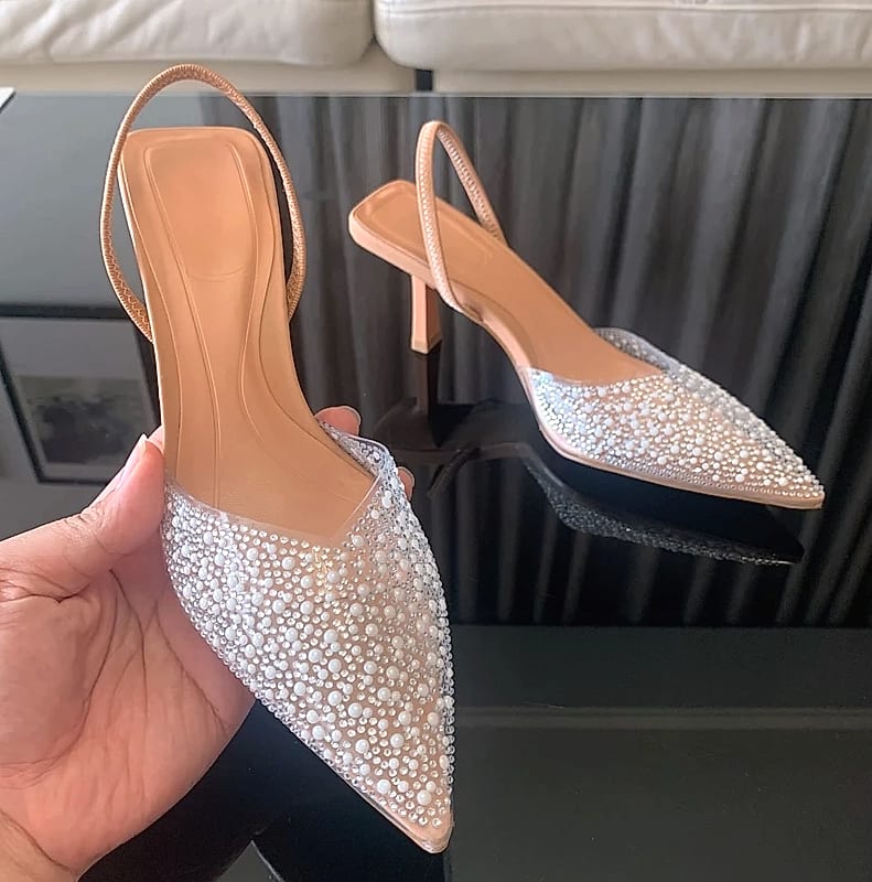 Nuolaian Pearl Slingback Pumps Women's Pointed Toe Heels — parts overview